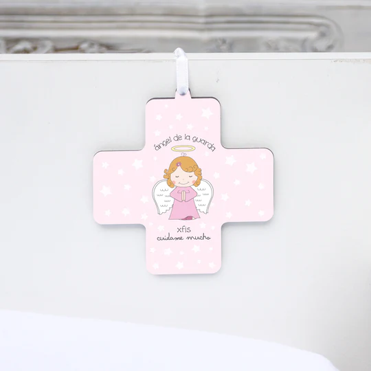 Cruz Madera Angel de la Guarda en caja (Angelito Rosa)