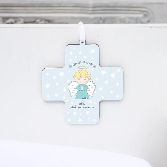Cruz Madera Angel de la Guarda en caja (Angelito Celeste)