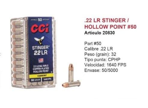 MUNICION CCI STINGER .22 LR HUECA/COBREADA 32 Gr - HP HV COB