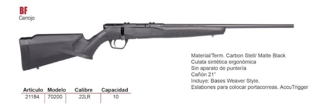 CARABINA SAVAGE BF CAL.22 LR A CERROJO SINTETICO/PAVON