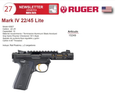 PISTOLA RUGER MARKIV 22/45 LITE 4,40